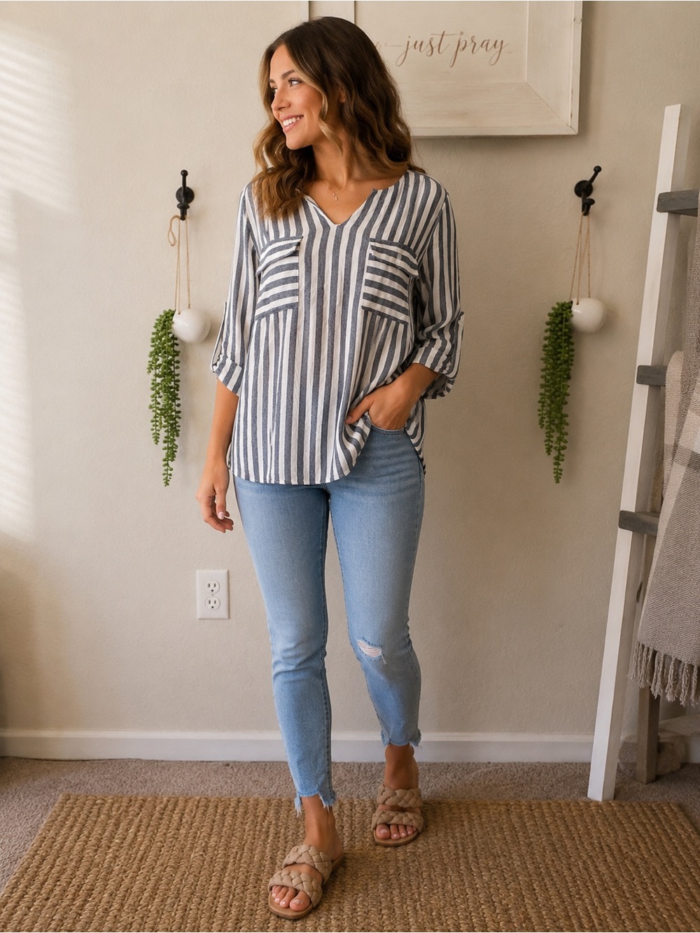 Monteau Blue & White Vertical Stripe V-Neck Pocket Tunic